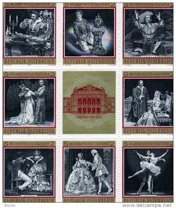 100 Jahre Wiener Staatsoper 1969 Österreich 1294/1+KB ** 17€ Musik Opern-Szenen Oper Hoja Music Sheetlet Bf Austria - Blocs & Feuillets