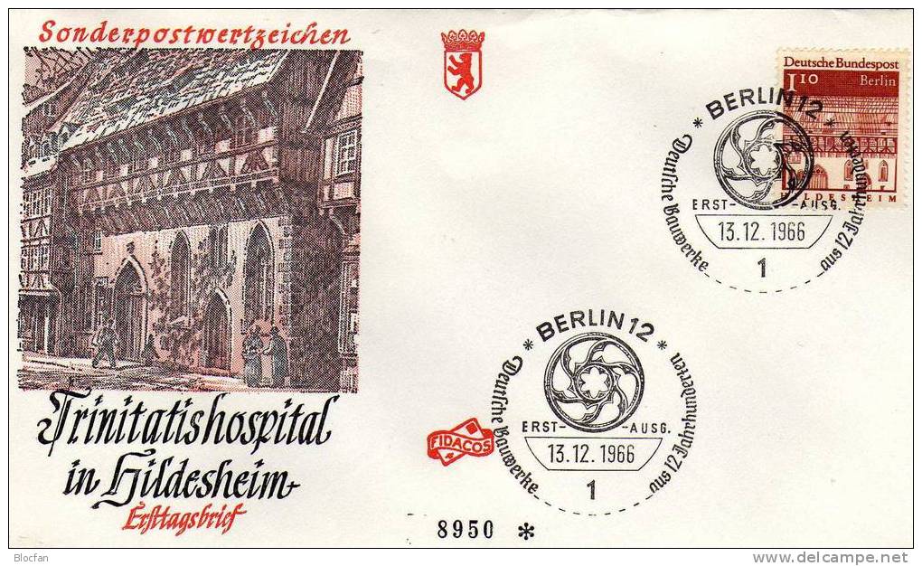 Hospital Hildesheim 1966 Berlin 283+FDC SST 7&euro; Große Bauwerke 12 Jahrhunderten Art Architectur Cover Of Germany - Storia Postale
