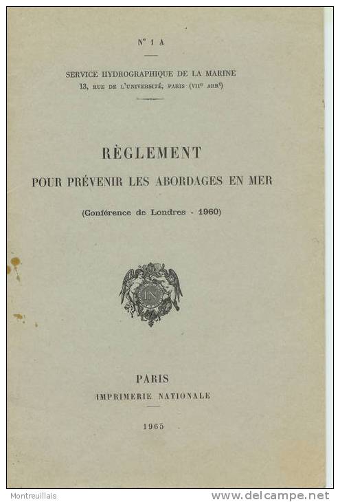 Règlement Pour Prévenir Abordages En Mer, 1965, Service Hydrographique, 24 Pages - Schiffe