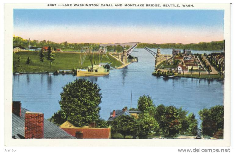 Montlake Cut University Of Washington Lake Washington Portage Bay Drawbridge On Vintage White Border Postcard - Seattle