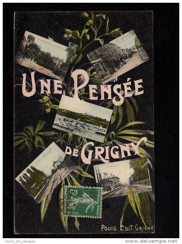 69 GRIGNY, Une Pensée, Multivues, CPA Voyagé En 1909, éd Pouig - Grigny