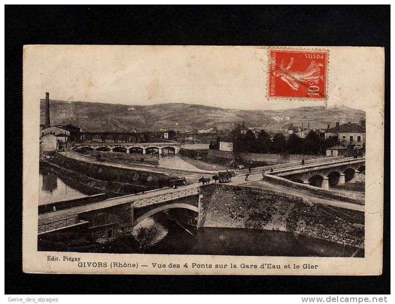 69 GIVORS, Les 4 Ponts, Sur La Gare D'Eau Et Le Gier, Attelage, CPA Voyagé 1917 - Givors
