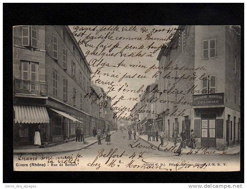 69 GIVORS, Rue De Belfort, Commerces, Bijouterie Delorme, Animée, Ed Piegay, Voyagé 1905 - Givors