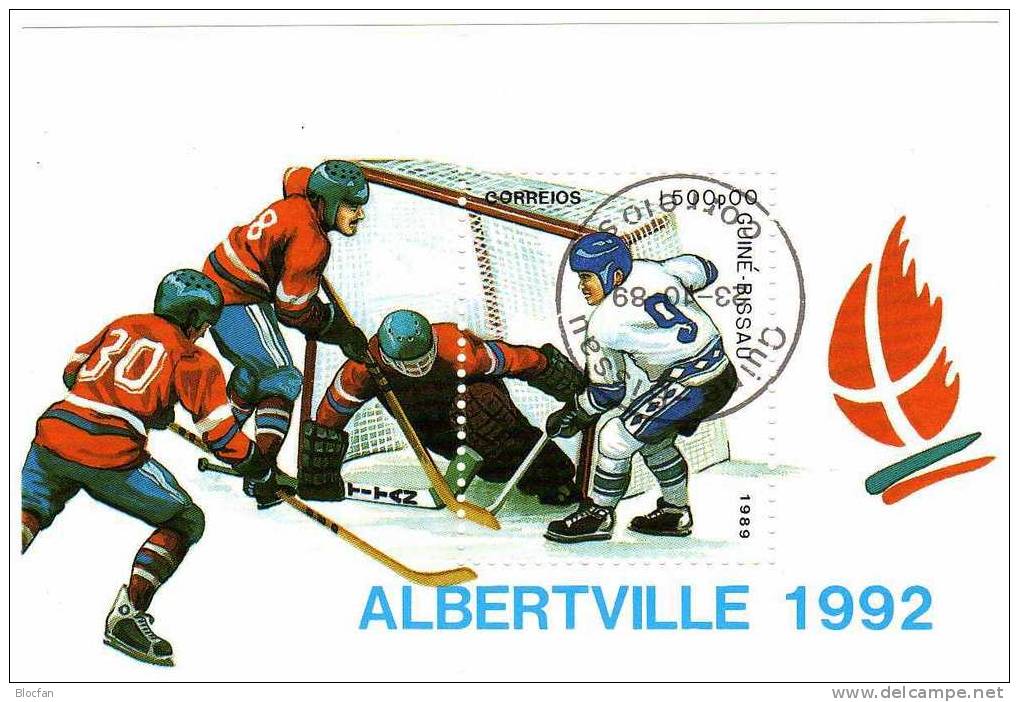 „ Eishockey “ Winter - Olympiade 1992 In Albertville Guinea Bissau 1095 + Block 282 O 5€ - Hockey (Ice)