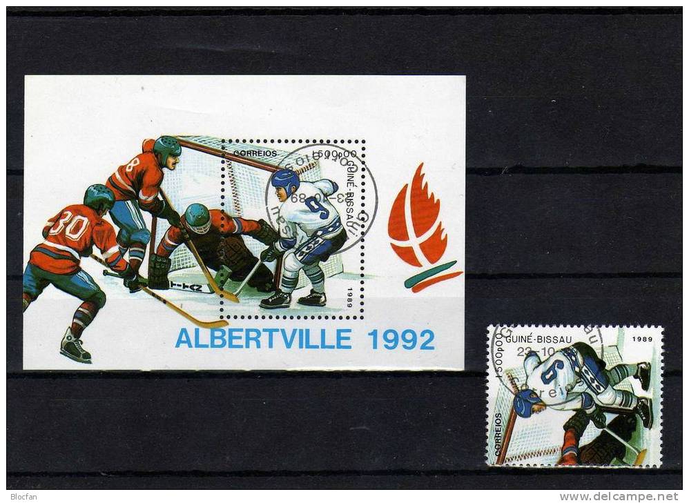 „ Eishockey “ Winter - Olympiade 1992 In Albertville Guinea Bissau 1095 + Block 282 O 5€ - Hockey (su Ghiaccio)