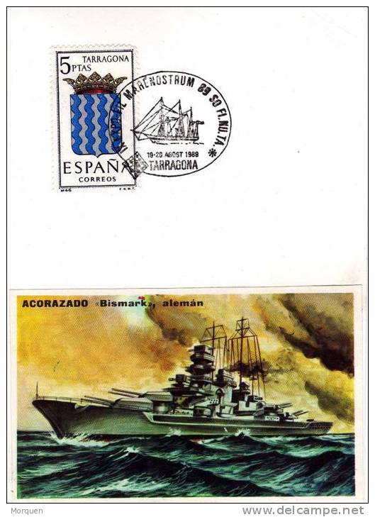 Tarjeta Maxima Tema Barcos TARRAGONA 1989, Ships, Cruiser BISMARK, Germany Ship - Cartes Maximum