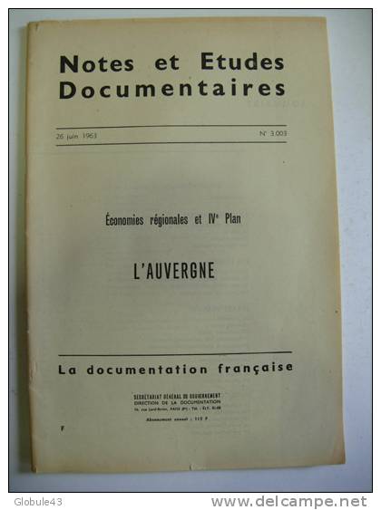 NOTES ET ETUDES DOCUMENTAIRES  L'AUVERGNE  JUIN 1963 70 P - Auvergne