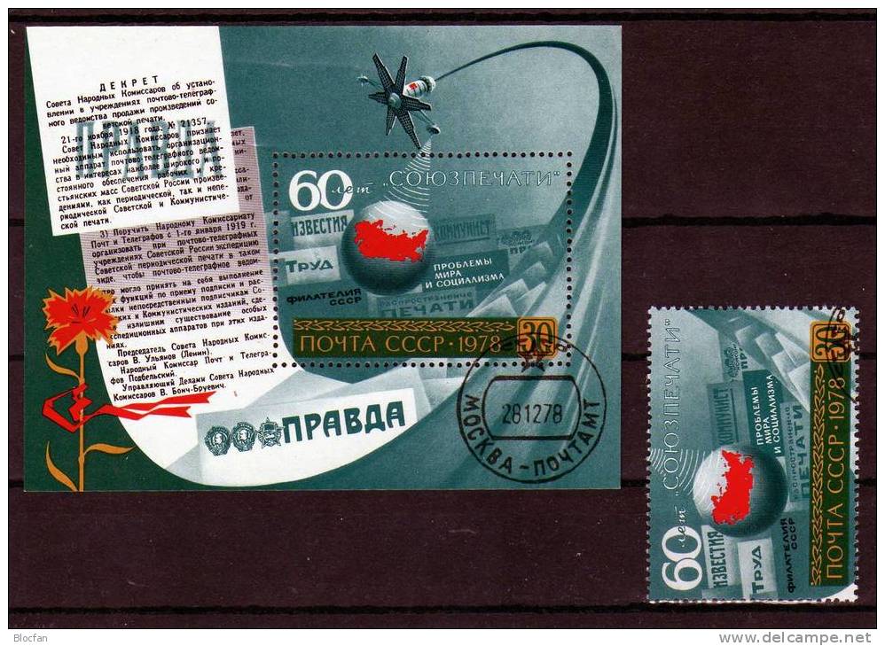 „ Erde - Satellit “ 60 Jahre Zeitungs - Vertrieb Sowjetunion 4814 + Block 134 O 1€ - UdSSR