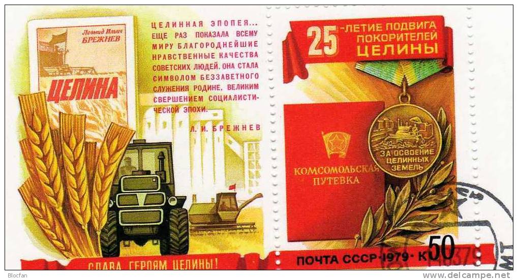 „ Traktor + Jugend - Aktion “ 25 Jahre Neuland Unter Pflug Sowjetunion 4826 + Block 135 O 1€ - Gemüse