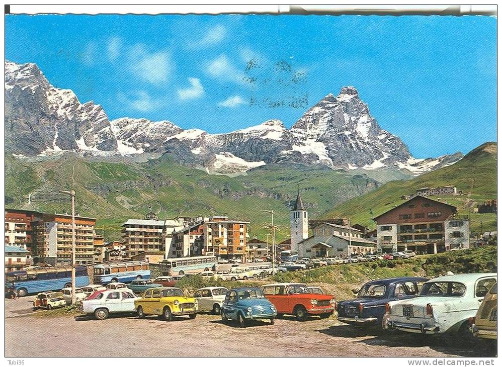 CERVINIA  - BREUIL - COLORI VIAGGIATA  1965 -ANIMATA E VETTURE D'EPOCA. - Climbing