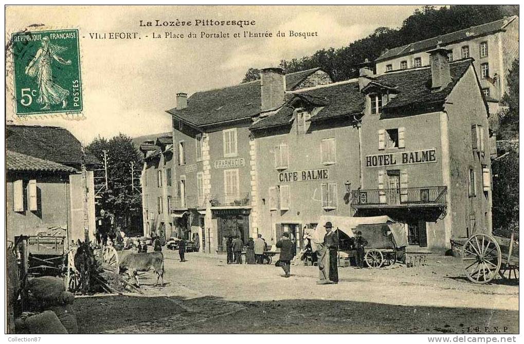 48 - LOZERE - VILLEFORT - PLACE Du PORTALET - CAFE HOTEL BALME - PHARMACIE - FOIRE - MARCHAND AMBULANT - Villefort