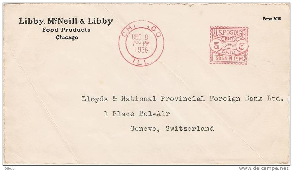 CHICAGO - LETTRE ENTIER POSTAL 5C 1936 PUBLICITE CHICAGO LIBBY MC NEILL  -GENEVE SUISSE. - 1921-40