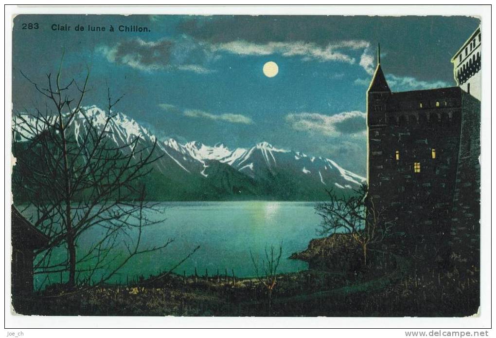 Schweiz/Suisse: CPA Mondscheinlitho/claire De Lune à Chillon, 1911, 3 Scans, Cachet Linéaire Tour De Peilz - La Tour-de-Peilz