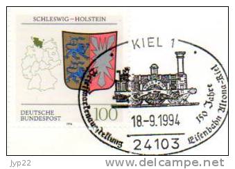 Jolie FDC 1er Jour 150 Jahre Eisenbahn Kiel Altona 18-09-1994 - Train Locomotive Chemin De Fer Rail - Tram