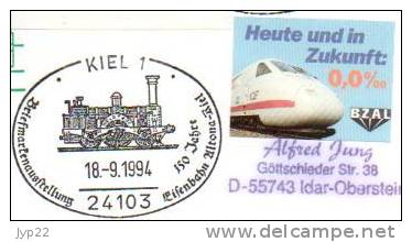 Jolie FDC 1er Jour 150 Jahre Eisenbahn Kiel Altona 18-09-1994 - Train Locomotive Chemin De Fer Rail - Tram