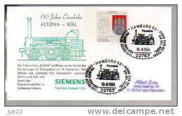 Jolie FDC 1er Jour 150 Jahre Eisenbahn Altona Kiel Siemens 18-09-1994 - Train Locomotive Chemin De Fer Rail - Tramways