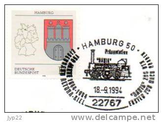 Jolie FDC 1er Jour 150 Jahre Eisenbahn Altona Kiel Siemens 18-09-1994 - Train Locomotive Chemin De Fer Rail - Tram