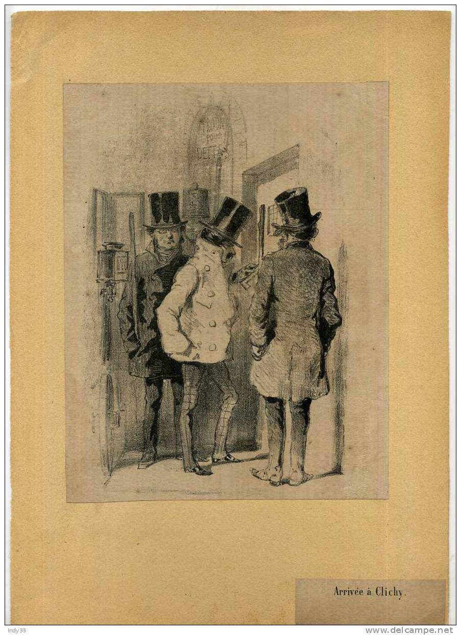 - ARRIVEE A CLICHY . LITHO DU XIXe S. DECOUPEE ET COLLEE SUR PAPIER . - Polizia