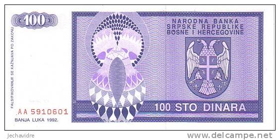 BOSNIE-HERZEGOVINE   100 Dinara  Daté De 1992   Pick 135a     ***** BILLET  NEUF ***** - Bosnien-Herzegowina