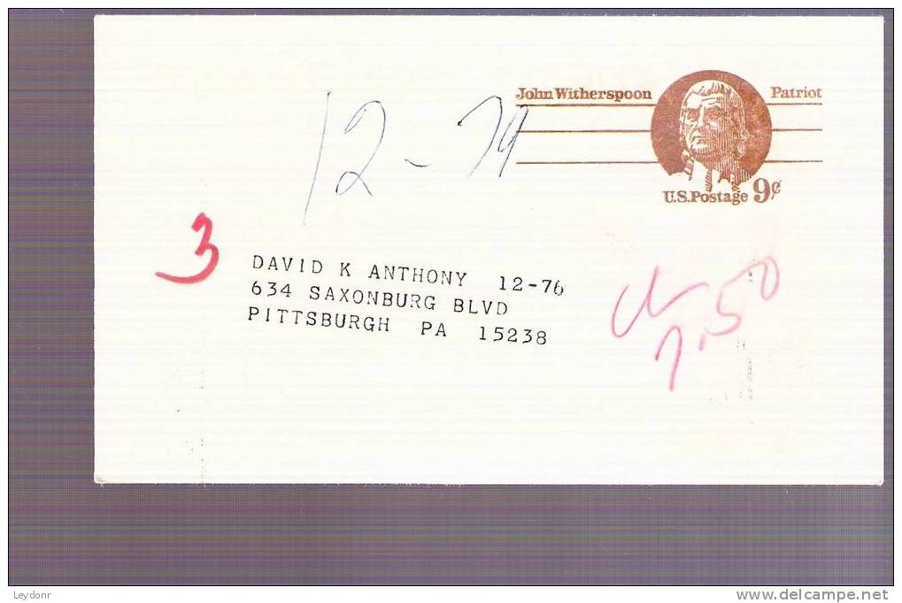 Postal Card - John Witherspoon - Scott # UX69 - 1961-80