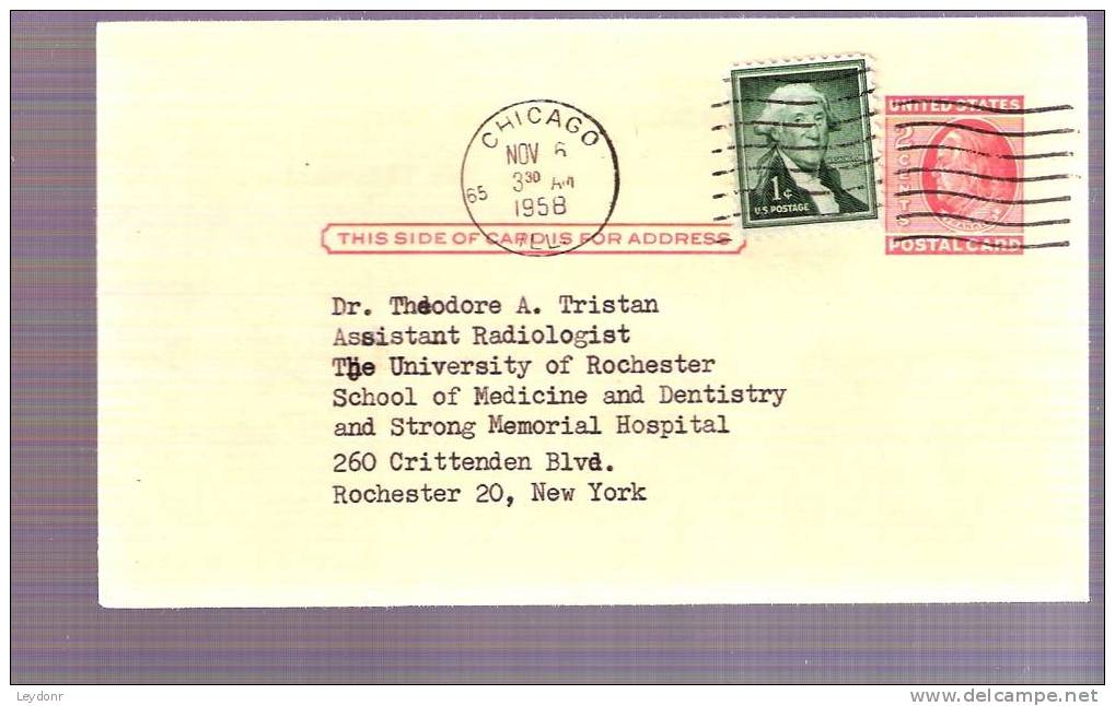 Postal Card - B. Franklin - Scott # UX38 To: The University Of Rochester School Of Medicine - 1941-60