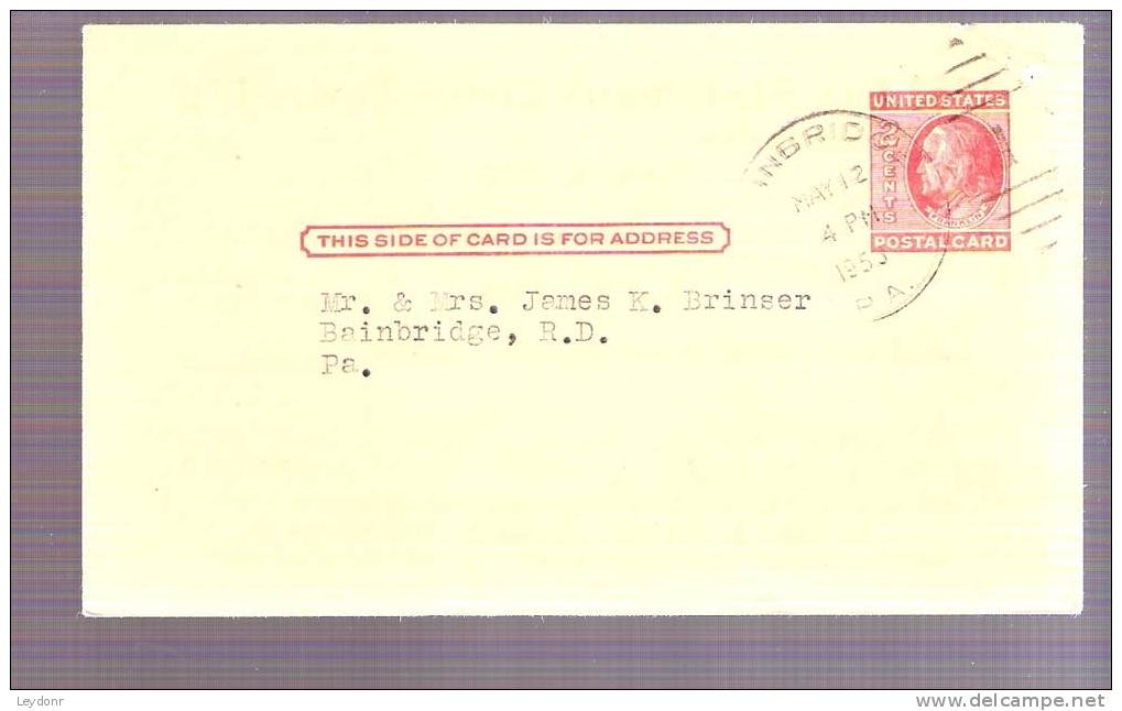 Postal Card - B. Franklin - Scott # UX38 1953 Tax Statement-Conoy Township - Bainbridge, PA - 1941-60