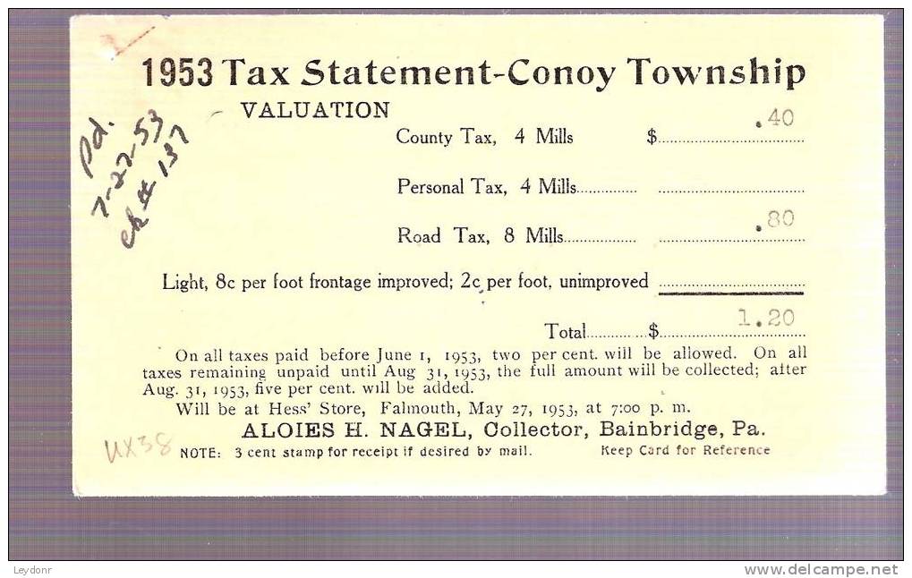 Postal Card - B. Franklin - Scott # UX38 1953 Tax Statement-Conoy Township - Bainbridge, PA - 1941-60