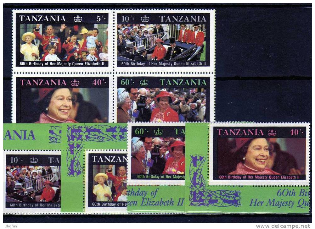 Varianten Elisabeth II. Tansania 391/4,4xZD+4-Block ** 7€ 60.Geburtstag Königin 1987 Bloque Royal Bloc Sheet Bf Tanzania - Tansania (1964-...)