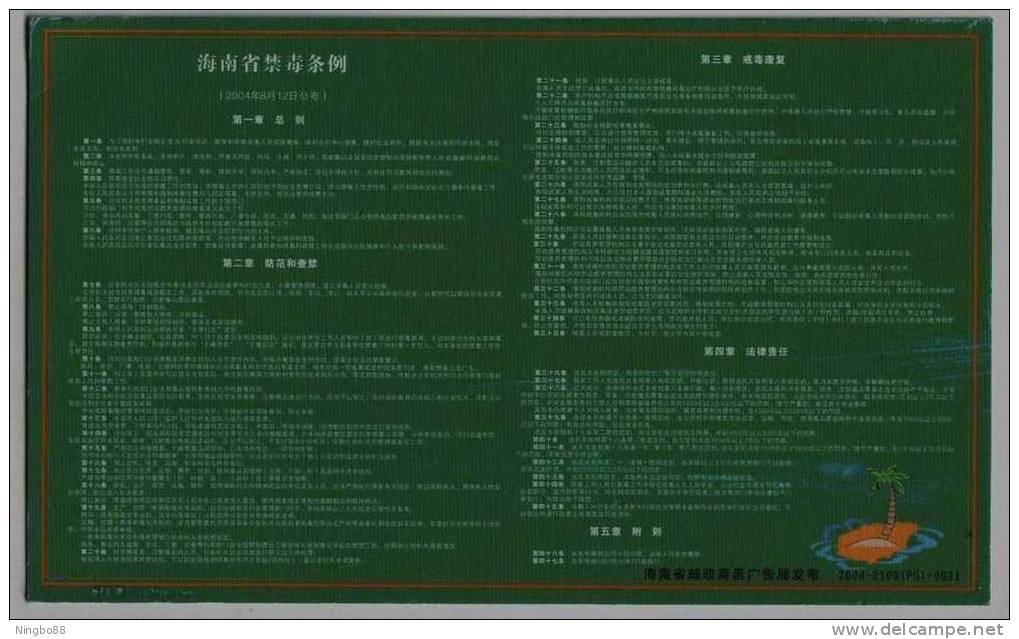 Hainan Provincial Drug Control Regulation,Coconut Palm Tree,China 2004 Hainan Post Office Advertising Pre-stamped Card - Drogen