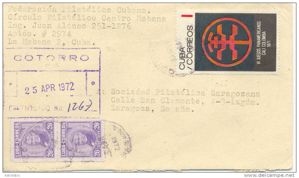 Lettre A Espagne 1972, Recommande Cuba - Briefe U. Dokumente