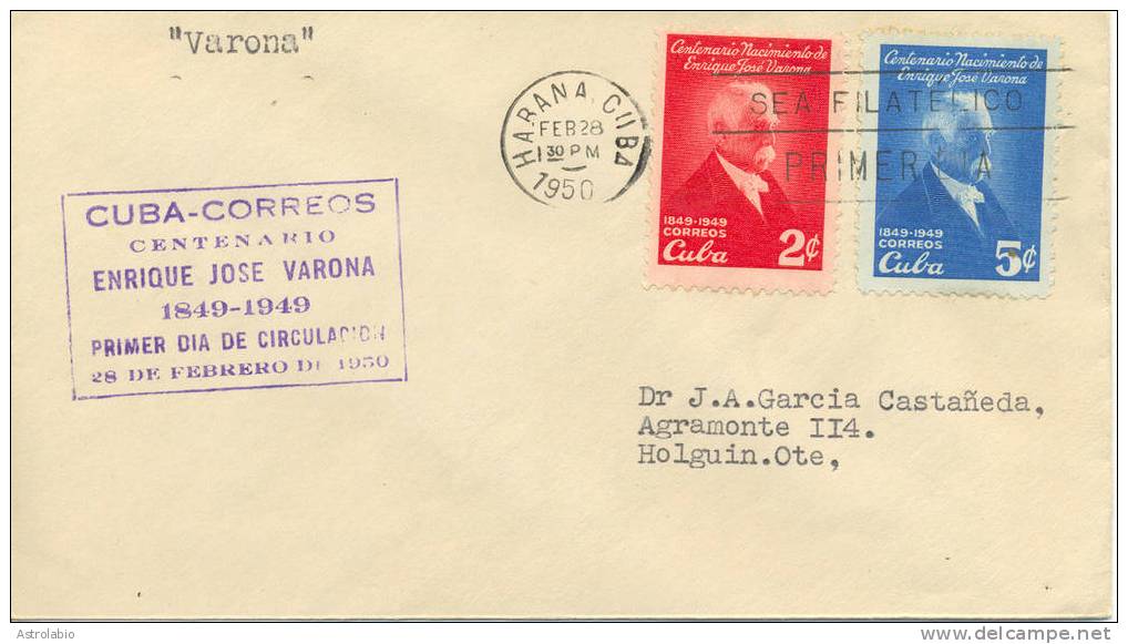 Centº Enrique José Varona 1950 FDC Cuba Yvert 327/8 - FDC