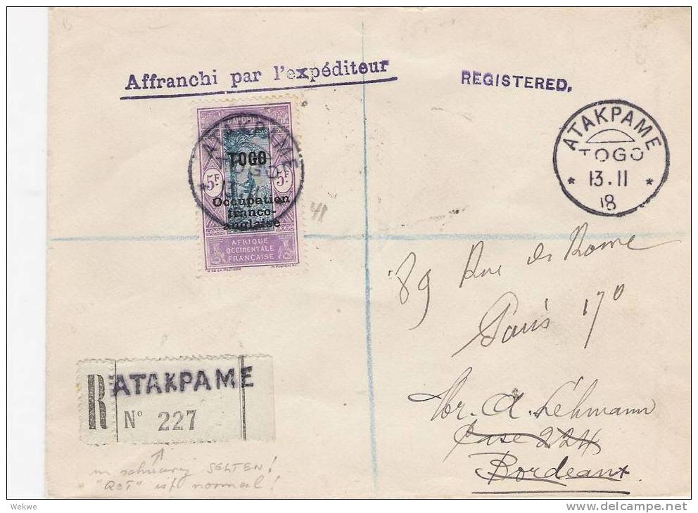 Faf111/ TOGO -  Atakpame 1918, R-Zettel In Schwarz, 5 F. Einzelfrankatur - Cartas & Documentos