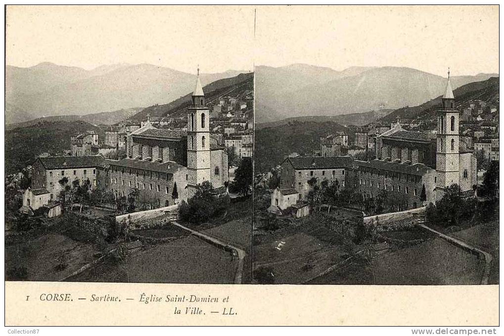 20 - CORSE - 2 A - SARTENE - EGLISE ST DAMIEN Et La VILLE - CLICHE 1900 STEREOSCOPIQUE - Sartene