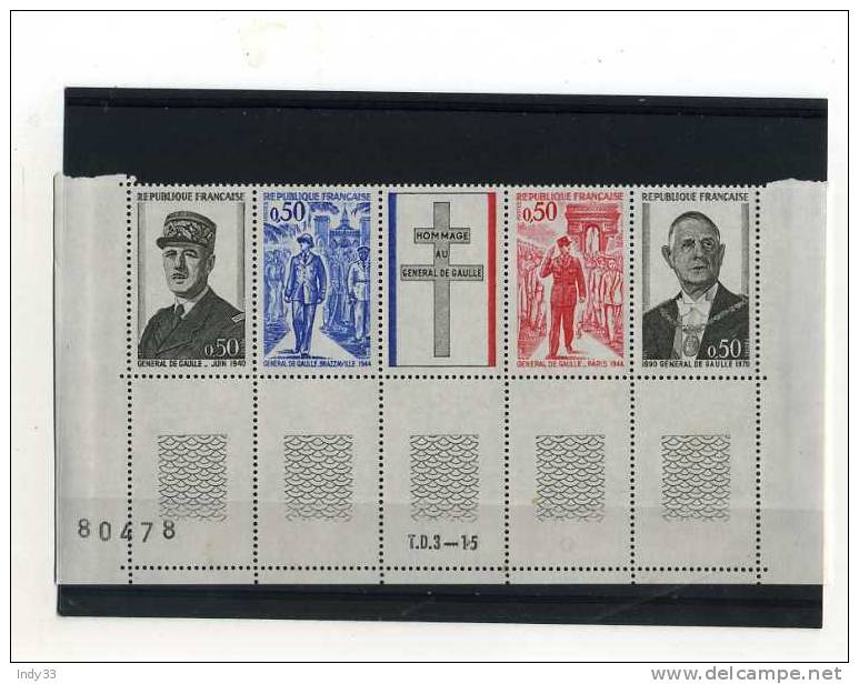 - FRANCE 1970/79 . HOMMAGE AU GENERAL DE GAULLE 1971 N°1698A (Y.T) . BANDE ENTIERE , BORD DE FEUILLE . - 1970-1979