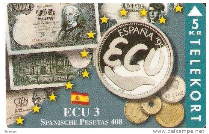 TARJETA DE DINAMARCA DE MONEDAS Y BILLETES DE ESPAÑA TIRADA 1500 (COIN-BANKNOTE) - Danemark