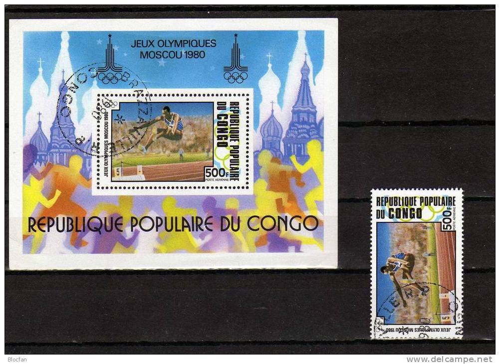 Sommer-Olympiade Moskau 1980 Kongo 730+Block 22 O 4€ Weitsprung Stadion Bloque Hb Sport Blocs M/s Olympic Sheet Bf Congo - Oblitérés