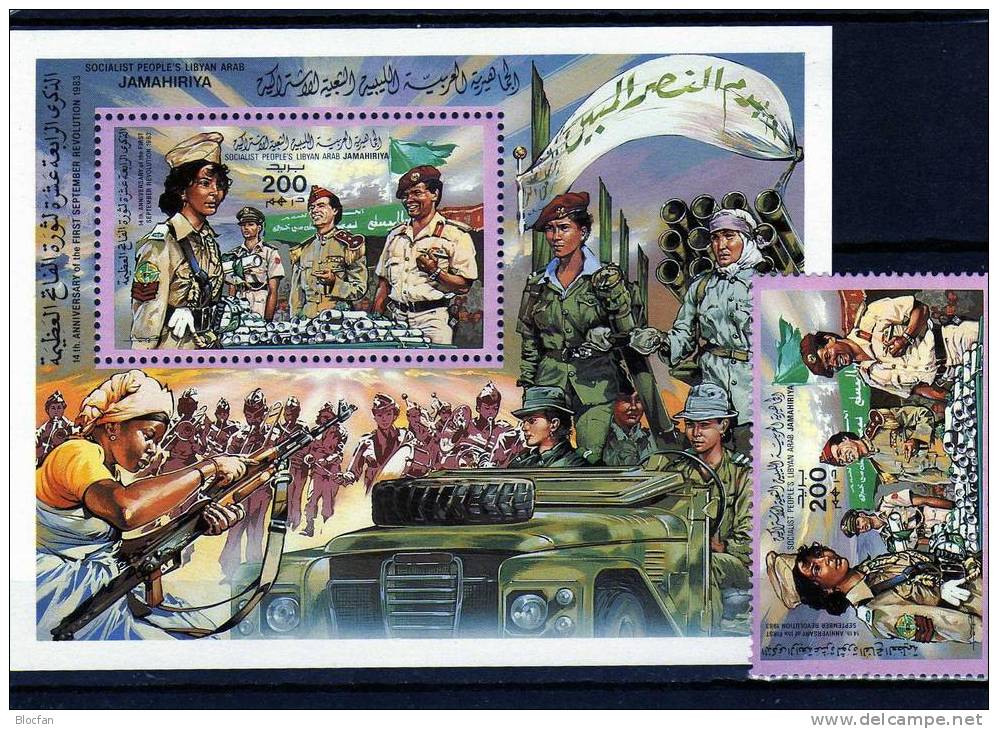 14 Jahre September-Revolution Frauen Im Militär-Jeep Libyen 1197+Block 78 ** 6€ Bloque Hojita Ms Military Sheet Bf Libya - Libye