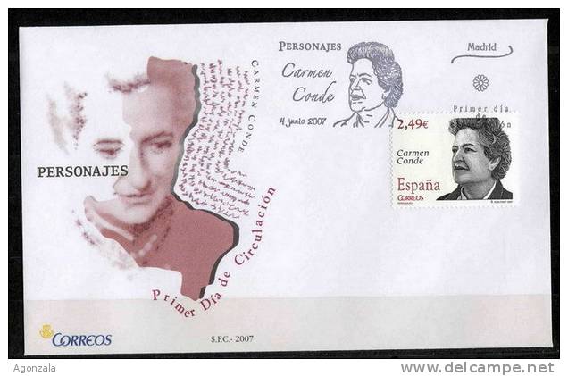 FDC ESPAGNE 2007 CARMEN CONDE - AUTEUR ESPAGNOL - LITTÉRATURE - FACIAL 2,49 EUROS - Escritores