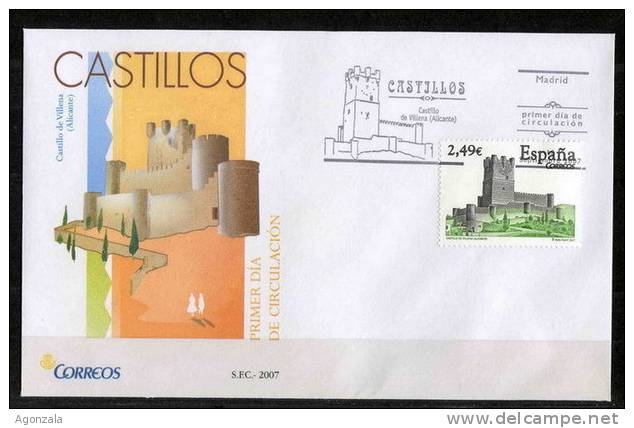 FDC ESPAGNE 2007 CHATEAU DE VILLENA ALICANTE - FACIAL 2,49 EUROS - Castillos