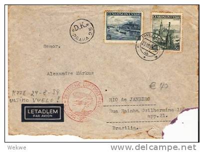 TSc046a/ CSSR -  Katapulflug 24.8.39. Letzter Flug Vor WWII.  Nach Rio De Janeiro, Devisenkontrolle - Briefe U. Dokumente