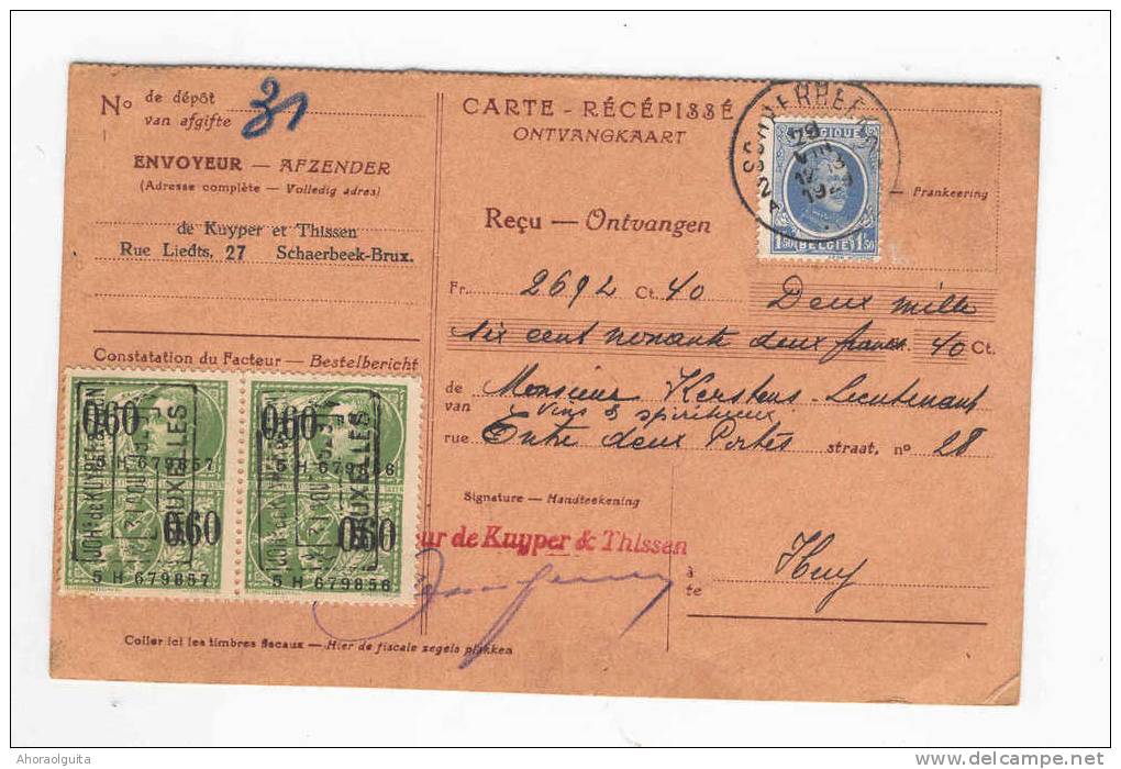 Carte - Récépissé TP Houyoux SCHAERBEEK 1929 - Cachet De Kuyper Et Thissen S/ Fiscaux   --  8/969 - Folletos De La Oficina De Correos