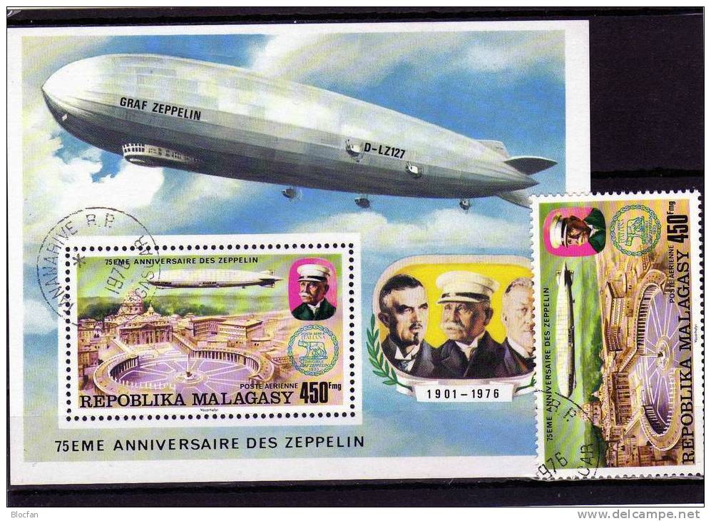 LZ127 über Petersdom In Rom 75 Jahre Zeppelin Madagaskar 783/8+Block 11 O 6€ Bloque Hoja Ms Bloc Space Sheet Bf Malagasy - Zeppeline