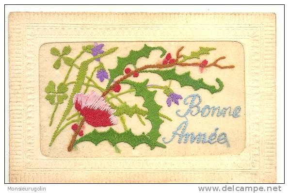 CARTE BRODEE ))  BONNE ANNEE - BRANCHE DE HOUX - Borduurwerk