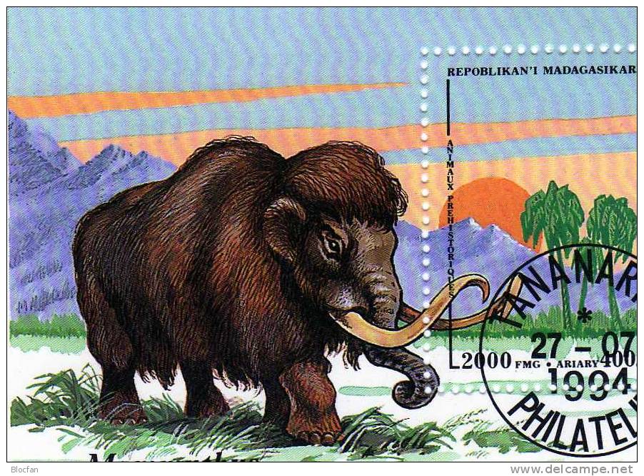 Mammut/Palmen 1994 Prähistorische Tiere Madagaskar 1682+Block 257 O 6€ Zahn Bloque Hoja M/s Bloc Fauna Sheet Bf Malagasy - Elefantes