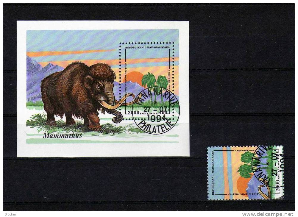 Mammut/Palmen 1994 Prähistorische Tiere Madagaskar 1682+Block 257 O 6€ Zahn Bloque Hoja M/s Bloc Fauna Sheet Bf Malagasy - Elefantes