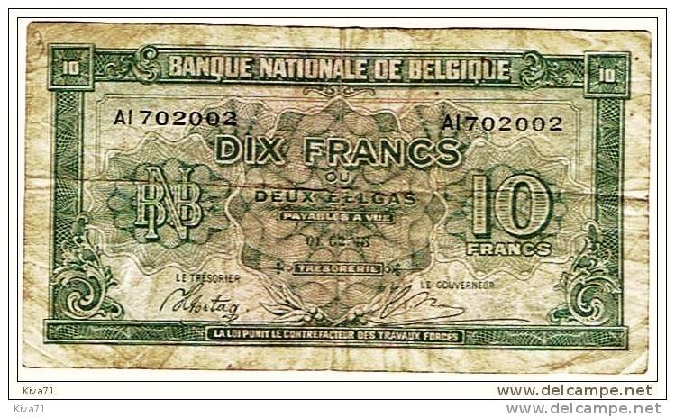 10 Francs 2 Belgas  "BELGIQUE"  01 02 1943          Bc 7 - 10 Francs-2 Belgas