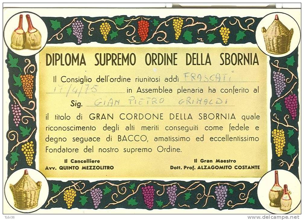 FRASCATI - "DIPLOMA SUPREMO ORDINE DELLA SBORNIA "DI FRASCATI -  TITOLO DI GRAN CORDONE DELLA SBORNIA. - Altri & Non Classificati