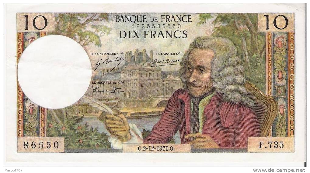 10 FRANCS VOLTAIRE Type 1963  Fay 62/53 En Date Du 02-12-1971 TTB+ 1 épingle BDF - 10 F 1963-1973 ''Voltaire''