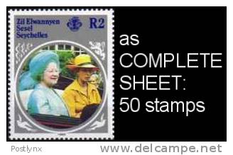 CV:&#8364;22.40, QUEEN MOTHER Seychelles-ZIL ELWANNYEN SESEL 1985,& Princess Anne 2R, Complete Sheet:50 Stamps  [feuille - Seychellen (1976-...)