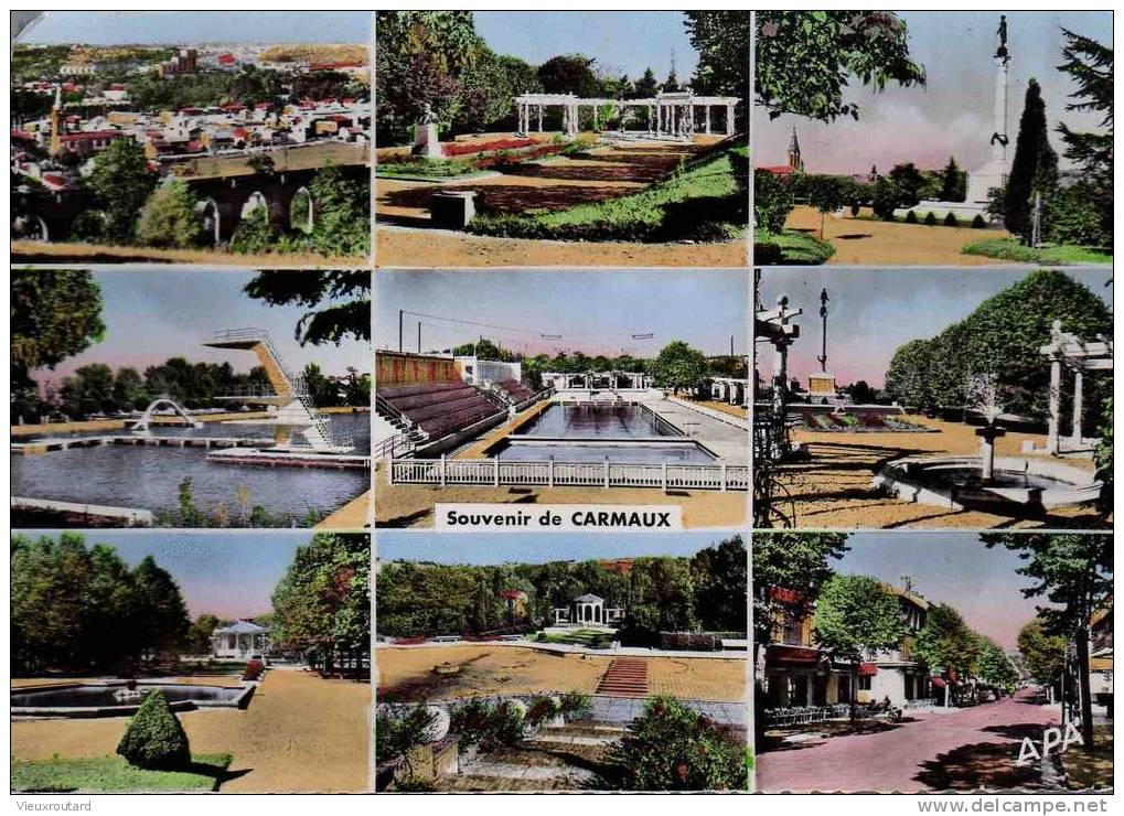 CPSM.  CARMAUX. VUE GENERALE. LA PERGOLA. MONUMENT AUX MORTS. ETANG ENDREVIE....DATEE 1959.DENTELLEE. - Carmaux